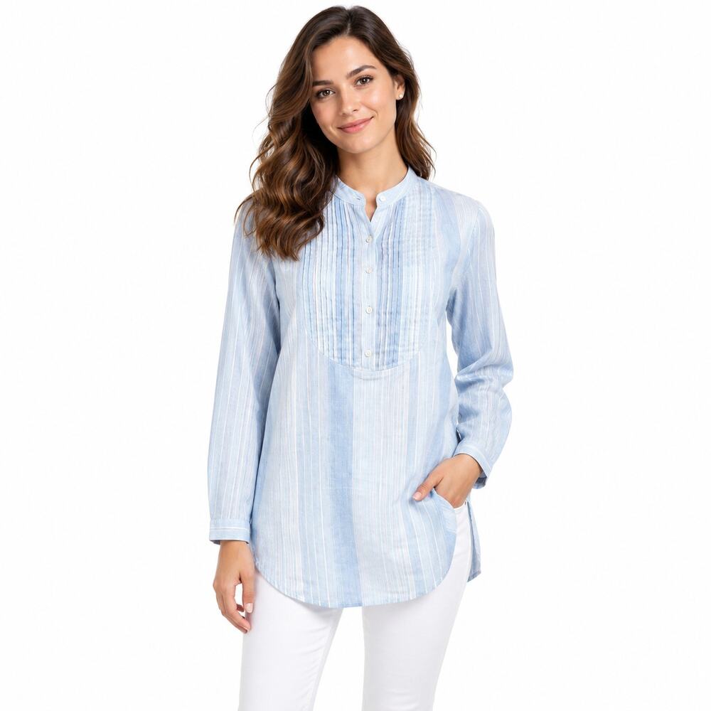 J. McLaughlin Pintuck Pleated Blue White Striped Tunic Blouse sz 6